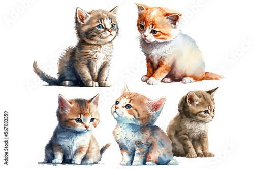 série de chats et chatons illustrés aspect aquarelle, sur fond blanc photo