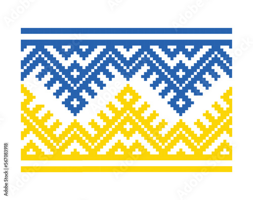Flag of Ukraine yellow and blue pattern background. Ukrainian ornament. Ornaments embroidered on clothes. Flag of Ukraine embroidered on a white background. handmade cross-stitch