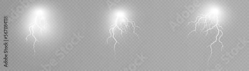Set of lightning, thunderstorm and lightning effect. Light effect of electric discharge. Lightning for web design and illustration.