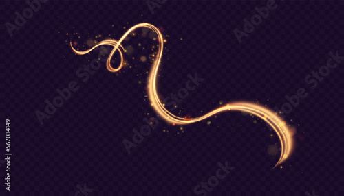Light whirl. Curve neon line light effect. Glowing golden curved line for gaming industry advertising web design.