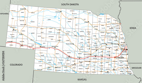 High detailed Nebraska road map with labeling.