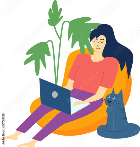 Smiling young woman sitting in bean bag chair and working with notebook and her cat