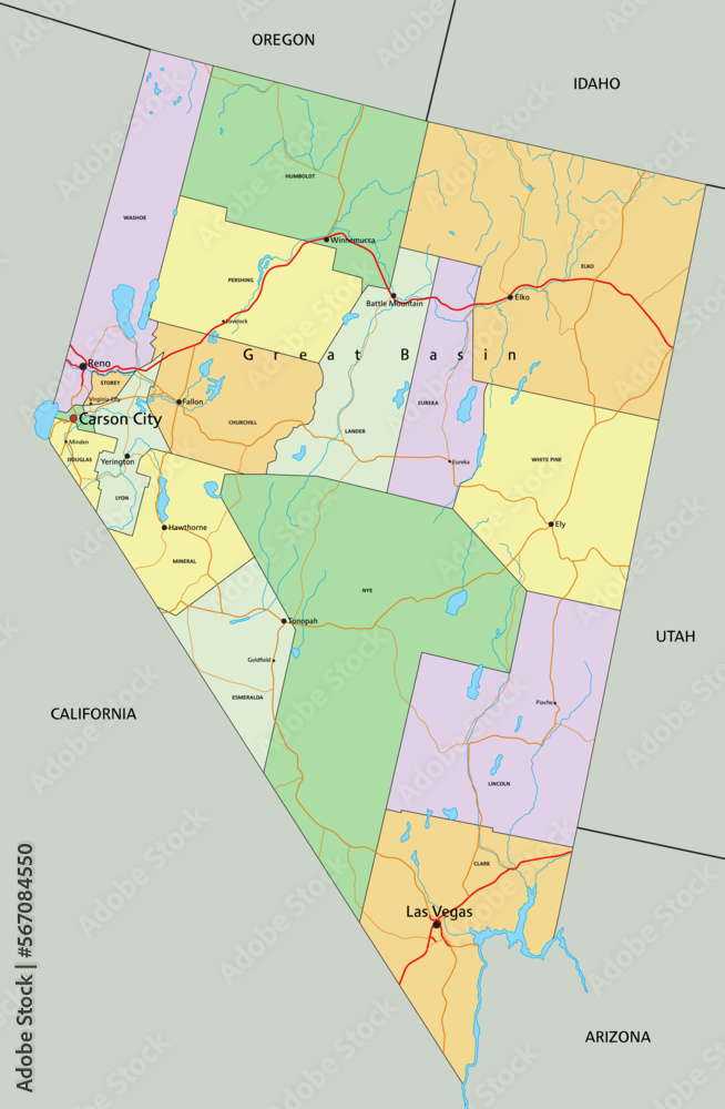 Nevada - Highly detailed editable political map with labeling.