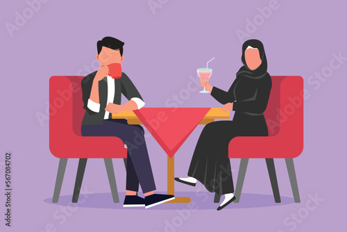 Cartoon flat style drawing Arabian couple sitting and drink coffee or milkshake. Man and woman having romantic dinner in cafe. Celebrate anniversary at restaurant. Graphic design vector illustration