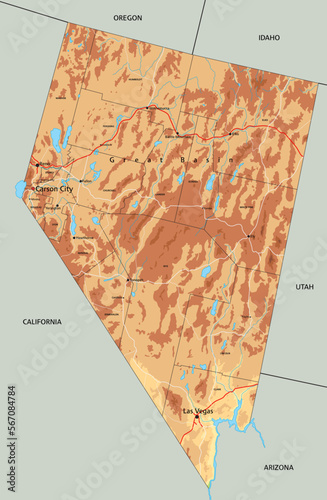 High detailed Nevada physical map with labeling.