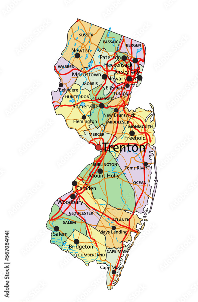 New Jersey - Highly Detailed Editable Political Map With Labeling 