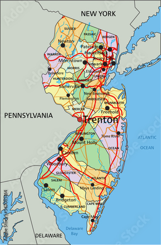New Jersey - Highly detailed editable political map with labeling.