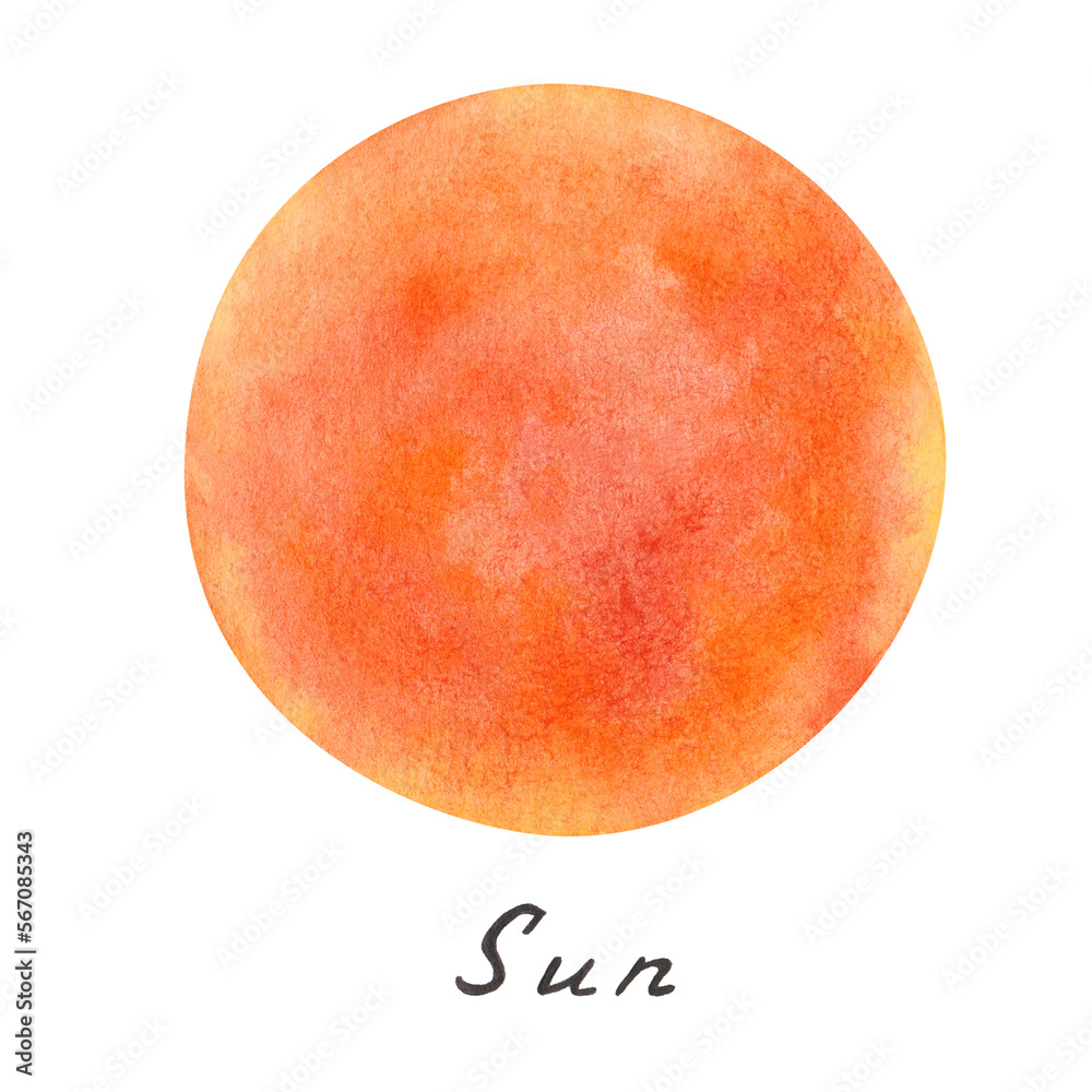 Fototapeta premium Watercolor illustration of hand painted star Sun in yellow, orange color. Outer space extraterrestrial object of Solar system. World Space Week. Fire ball. Isolated clip art for posters, banners