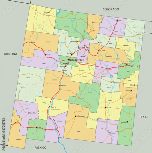 New Mexico - Highly detailed editable political map with labeling.