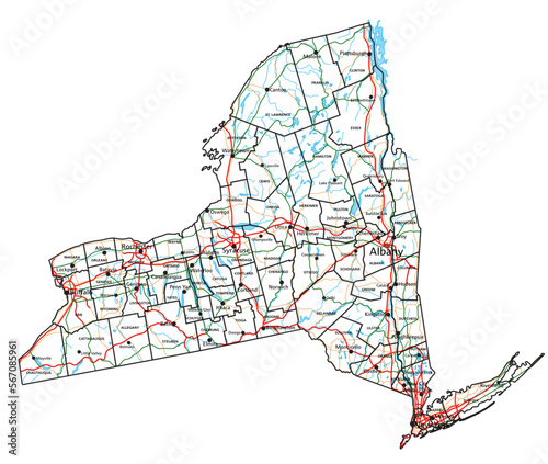 High detailed New York road map with labeling.
