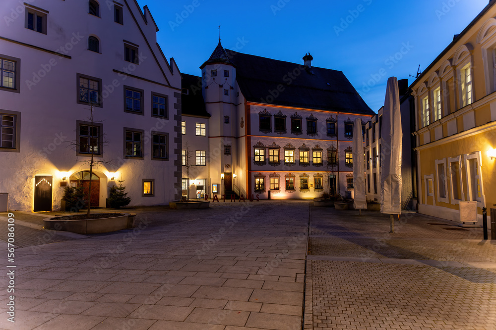 Old, historic town hall of Weissenhorn with the lettering Town Hall in German in front of it