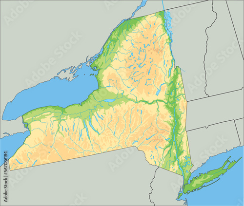 High detailed New York physical map.