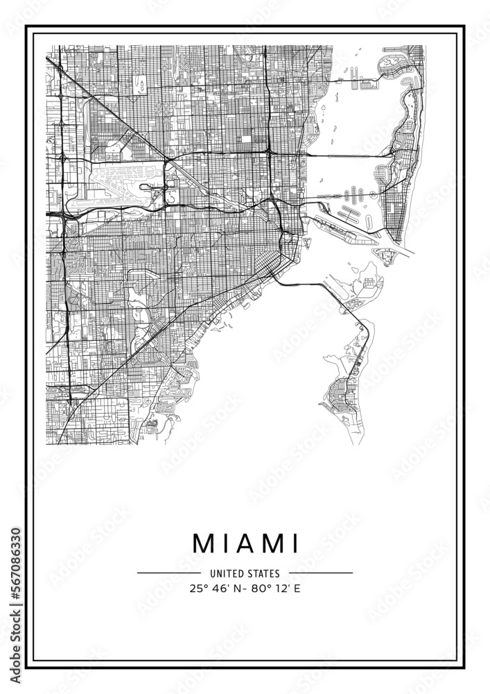 Fototapeta premium Black and white printable Miami city map, poster design, vector illistration.