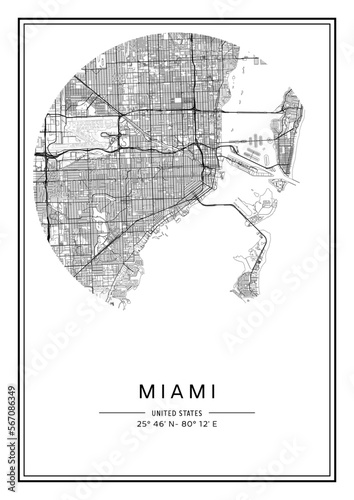 Black and white printable Miami city map, poster design, vector illistration.