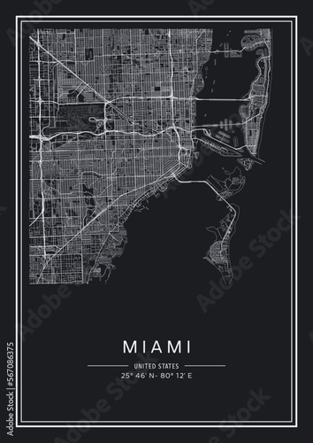 Black and white printable Miami city map, poster design, vector illistration.