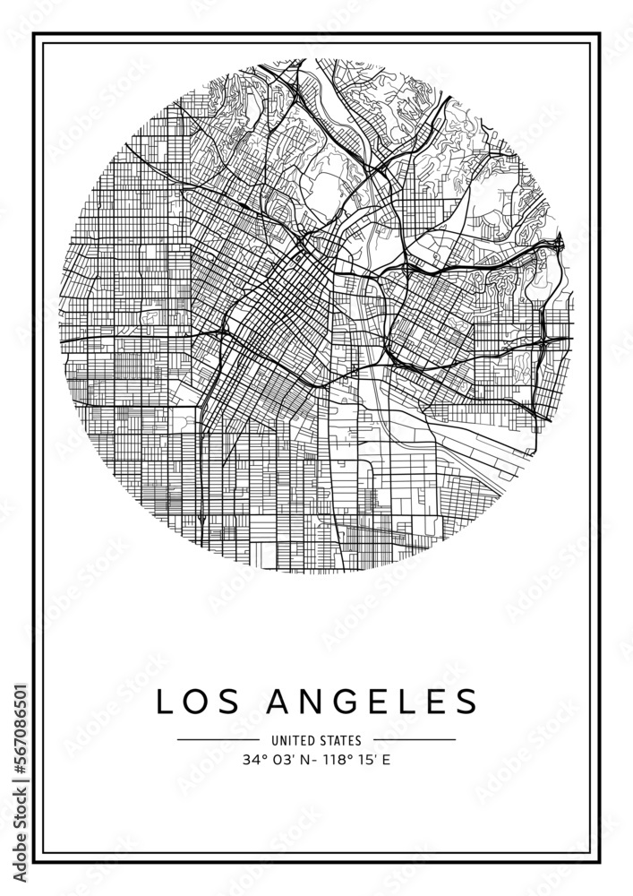 Black and white printable Los Angeles city map, poster design, vector ...