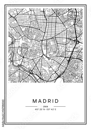 Black and white printable Madrid city map, poster design, vector illistration.
