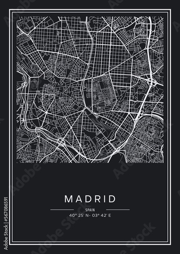 Black and white printable Madrid city map, poster design, vector illistration.