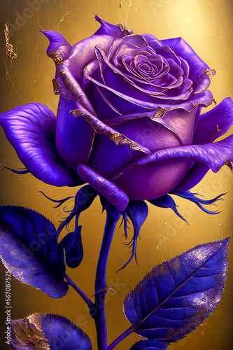 3D illustration of a violet rose with gold ornament on a dark background. Generative AI