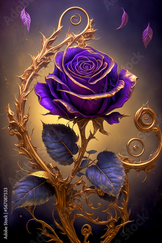 3D illustration of a violet rose with gold ornament on a dark background. Generative AI