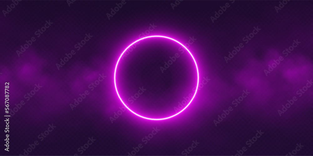 Purple neon circle frame with smoke cloud, glowing gradient ring with colorful fog. Illuminated realistic night scene. Futuristic portal concept. Vector illustration. Purple neon circle frame with smoke cloud, glowing gradient ring with colorful fog. Illuminated realistic night scene. Futuristic portal concept. Vector illustration.