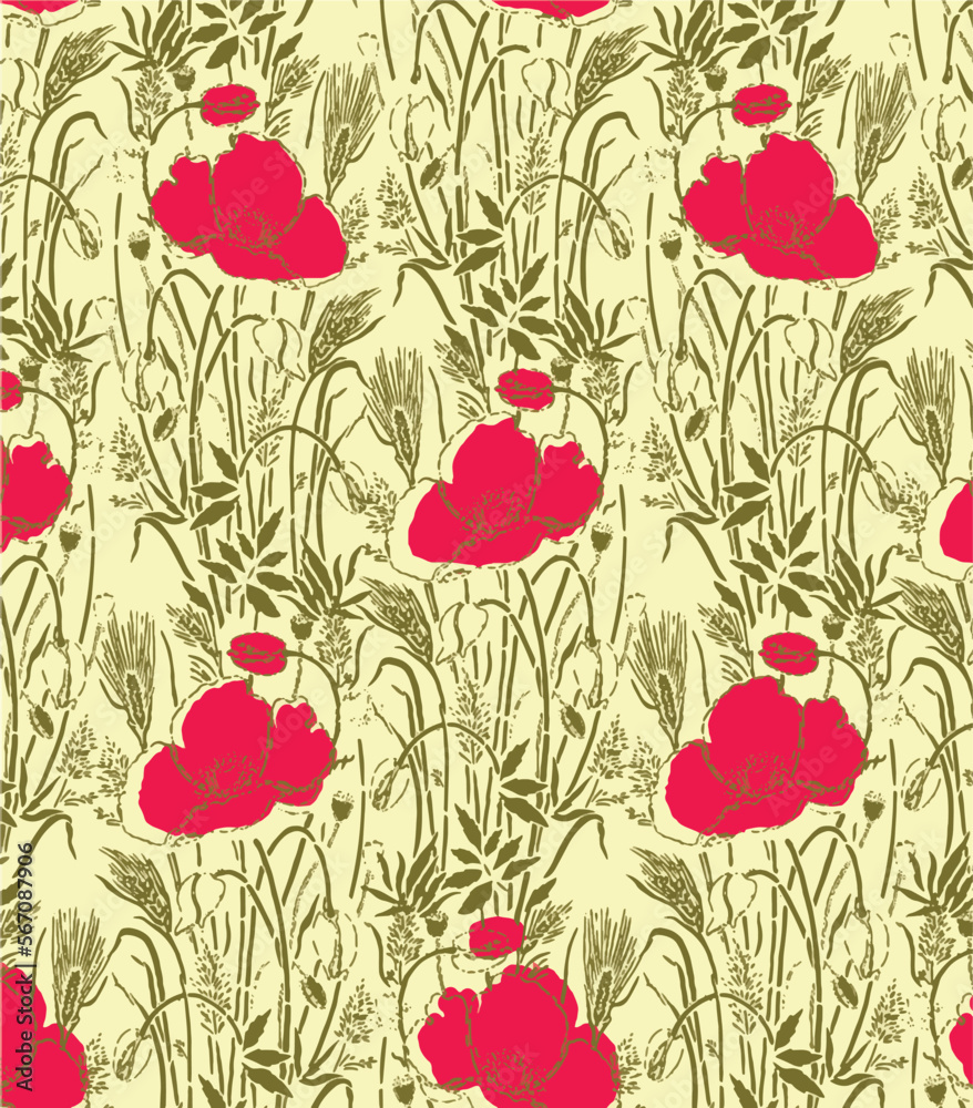 Beautiful retro linear, lines wild flowers Abstract seamless pattern with leaves and floral Background vector on modern style. Colored Vintage for textile, textile, fabric, wrap