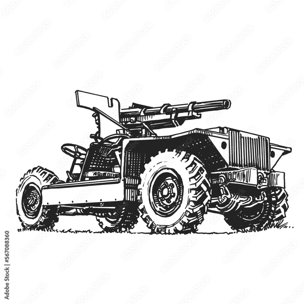 SUV car with automatic gun. Military vehicle. Hand drawing.