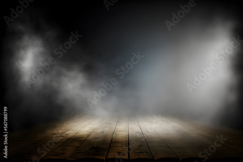 Fog In Darkness background - Smoke And Mist On Wooden Table - Abstract And Defocused Halloween Backdrop