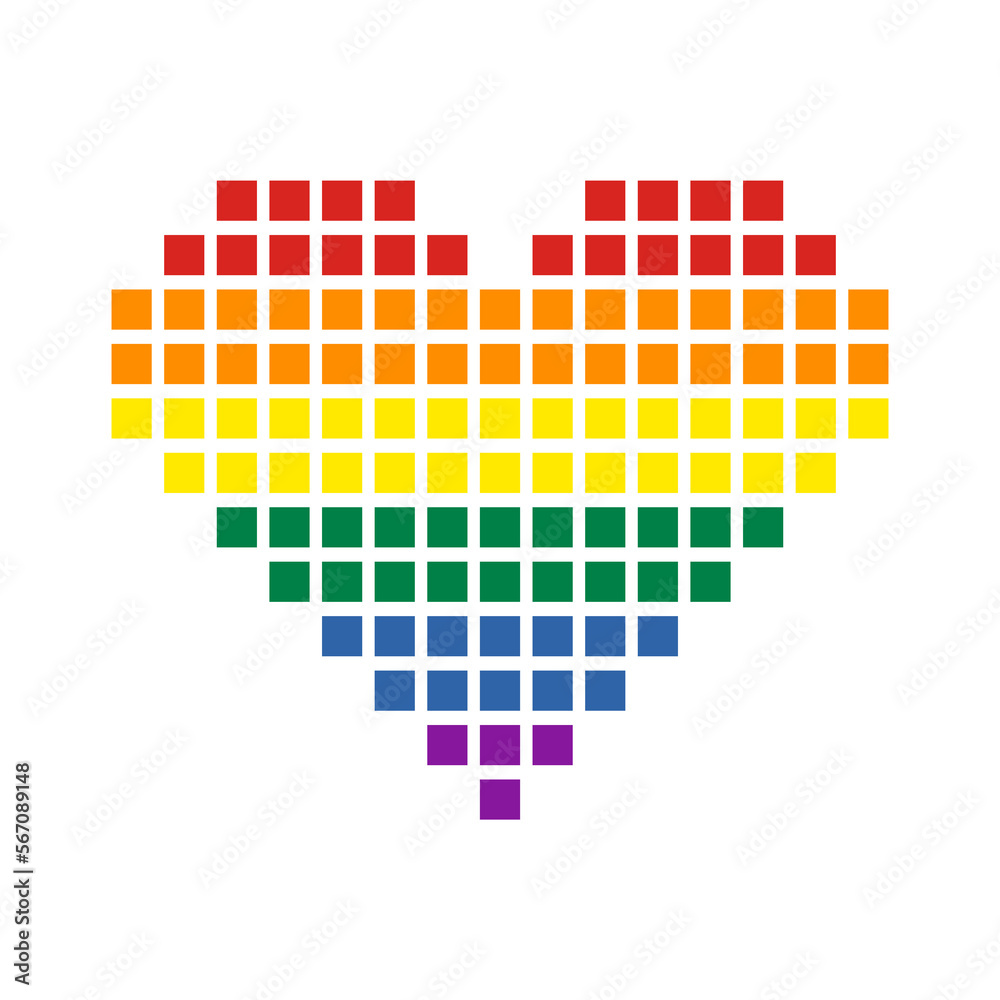 Rainbow Pride flag heart shape symbol isolated. Pixel art style Rainbow Pride flag heart shape symbol isolated. Pixel art style