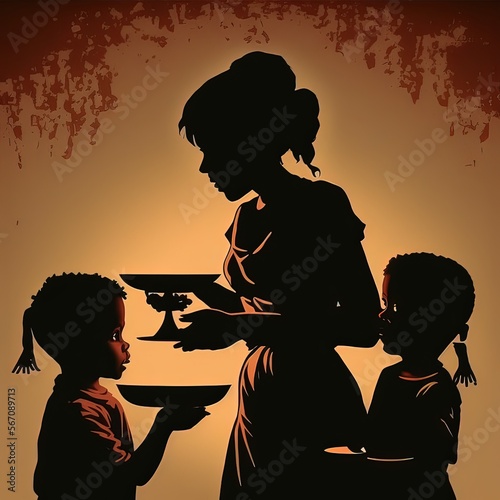 A woman taking care of two children silhouette Generative AI 