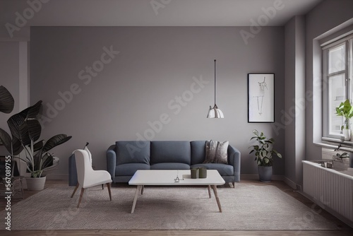 mock up poster frame in boho interior background  wooden living room design  Scandinavian style. Generative AI illustration