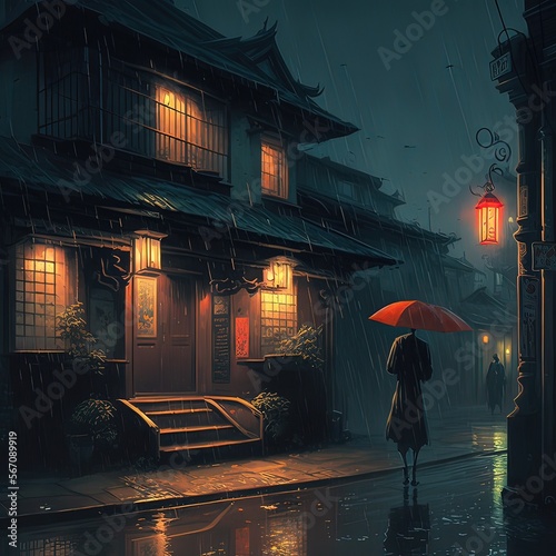 china ,night time rainy day, high quality Generative AI photo