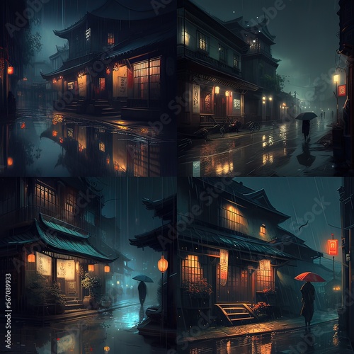 china ,night time rainy day, high quality Generative AI photo