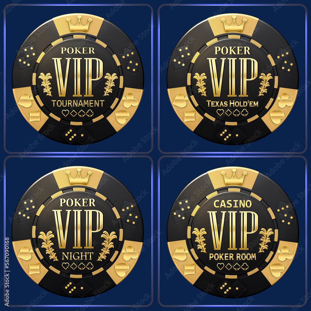 A set of four black poker chips with the sign "V.I.P" printed in gold on each of them, suitable for advertising exclusive poker events. 3D render - obrazy, fototapety, plakaty 