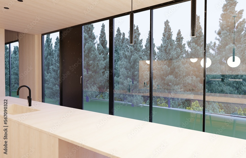 Fototapeta premium 3d rendering. minimal japanese inspired wooden kitchen interiors . modern wooden island table with black details and big windows on green view and tall trees. 3d illustration. elegant design mock up