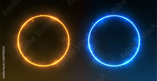 Neon circle frames, glowing round borders with smoke and sparkles, ice and fire portals concept. Avatar frames for game UI. Vector illustration.
