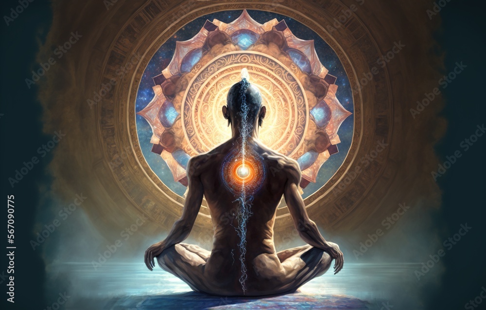 Man in meditation from behind nirvana enlightenment illustration generative ai Man in meditation from behind nirvana enlightenment illustration generative ai