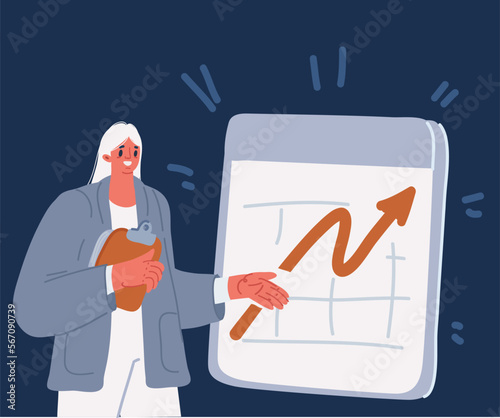 Vector illustration of Successful businesswoman presentation. Way out of the financial crisis. Girl next to a growing chart. Achievement of a business goal, a new business plan. Chart up.