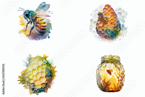 Sweet Honey Bee Illustration set. Hand-drawn illustration isolated on white background in boho style.