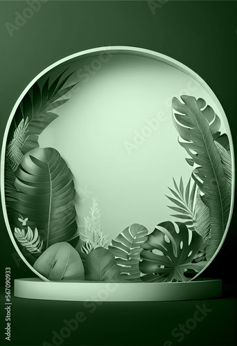 Template of a podium with a tropical leaves, illustration made with Generative AI photo