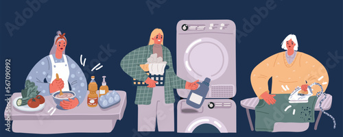 Cartoon vector illustration of women are doing housework. Coocking, washing clothes and linen, ironing