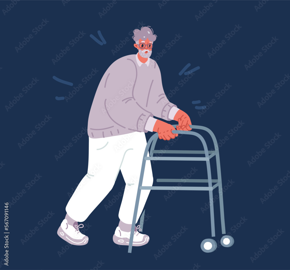 Cartoon vector illustration of man walking with rollator Stock Vector