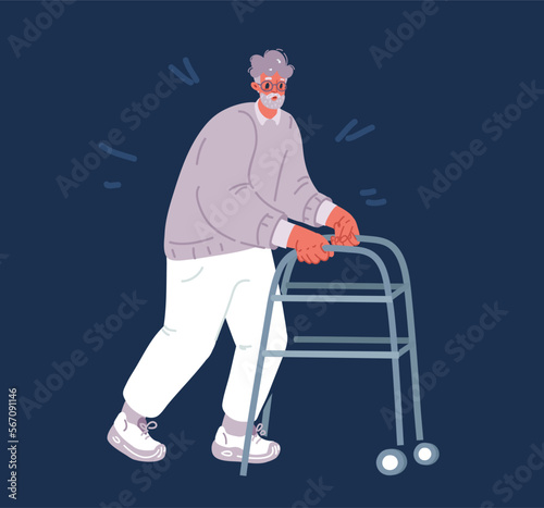 Cartoon vector illustration of man walking with rollator