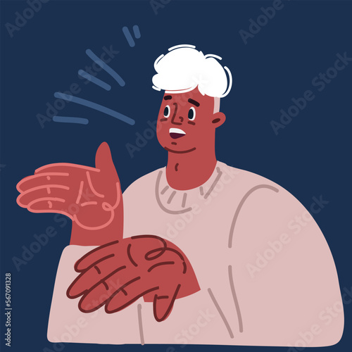 Cartoon vector illustration of Oops. Sorry. I don't know. Man shrugs, shows helpless gesture and spread his hands, he does not know what to do.