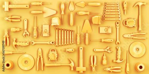 colored yellow tools set background concept of repair tools warehouse promotion 3d render
