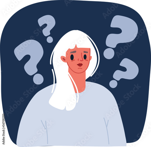 Cartoon vector illustration of Question or problem solving. Question dilemma problem concept. Thinking woman asking questions. Choice concept. Concept of asking questions