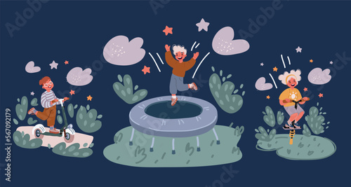 Cartoon vector illustration of Happy kids jumping together during a sunny day. Boy and girl Boy and girl jump on trampoline, jumpen stick and kick scooter