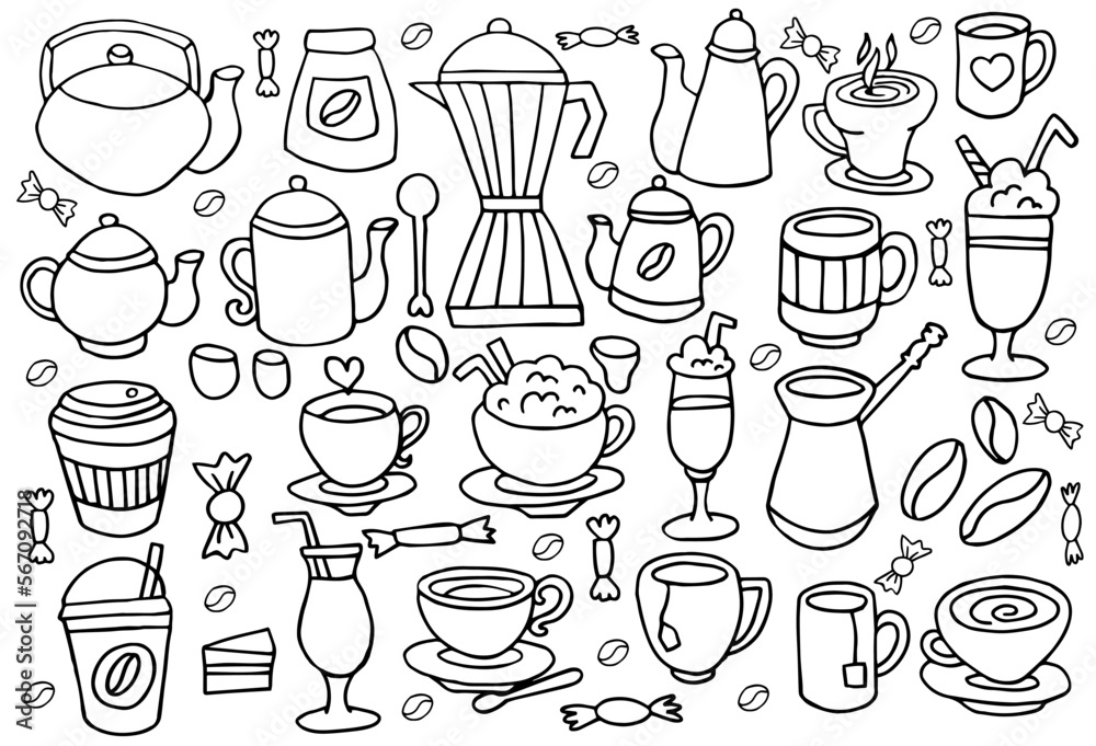 Hand drawn set with different coffee cups isolated on white background. Vector doodle illustration
