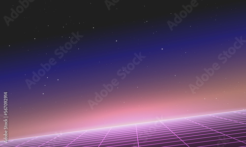 Synthwave Vector Graphic with Grids in Space. Galaxy Quest in Synthwave 80's style. Flare of bright light on the horizon. Stars on background. Futuristic retro vintage design.