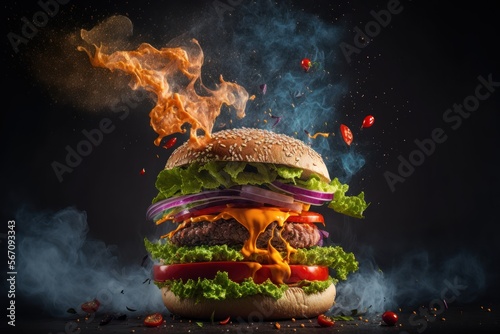 Hamburger with lots of cheese  vegetables  explosion of flavors  smoked on the barbecue  generative by AI